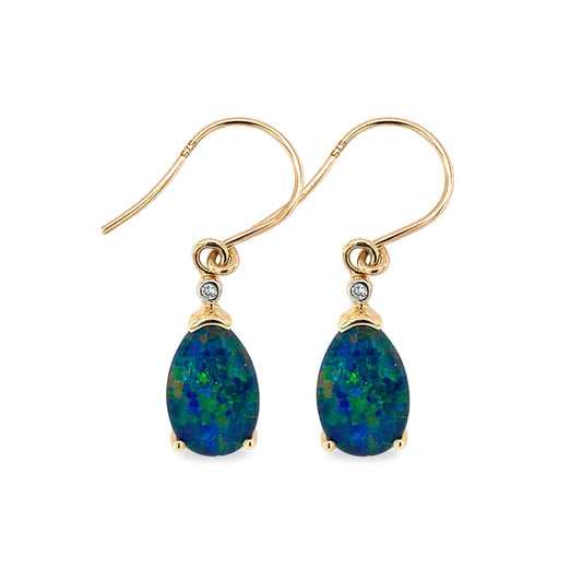 9ct Yellow Gold Australian Triplet Opal And Diamond Hook Earrings