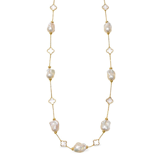Sterling Silver Gold Tone 86cm Baroque Freshwater Pearl Clover Necklet