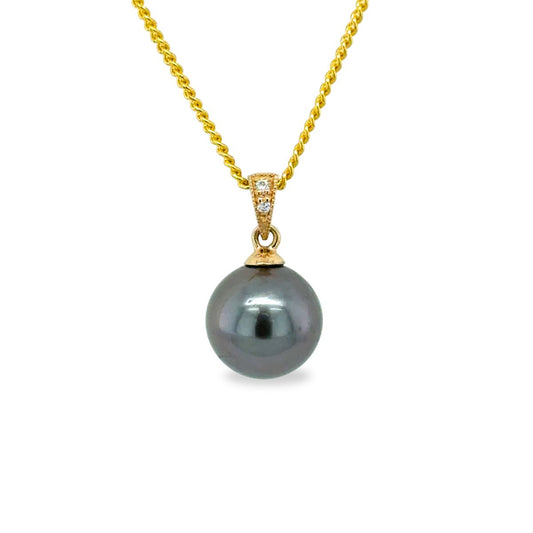 9ct Yellow Gold 9-10mm Tahitian Pearl & Diamond Pendant