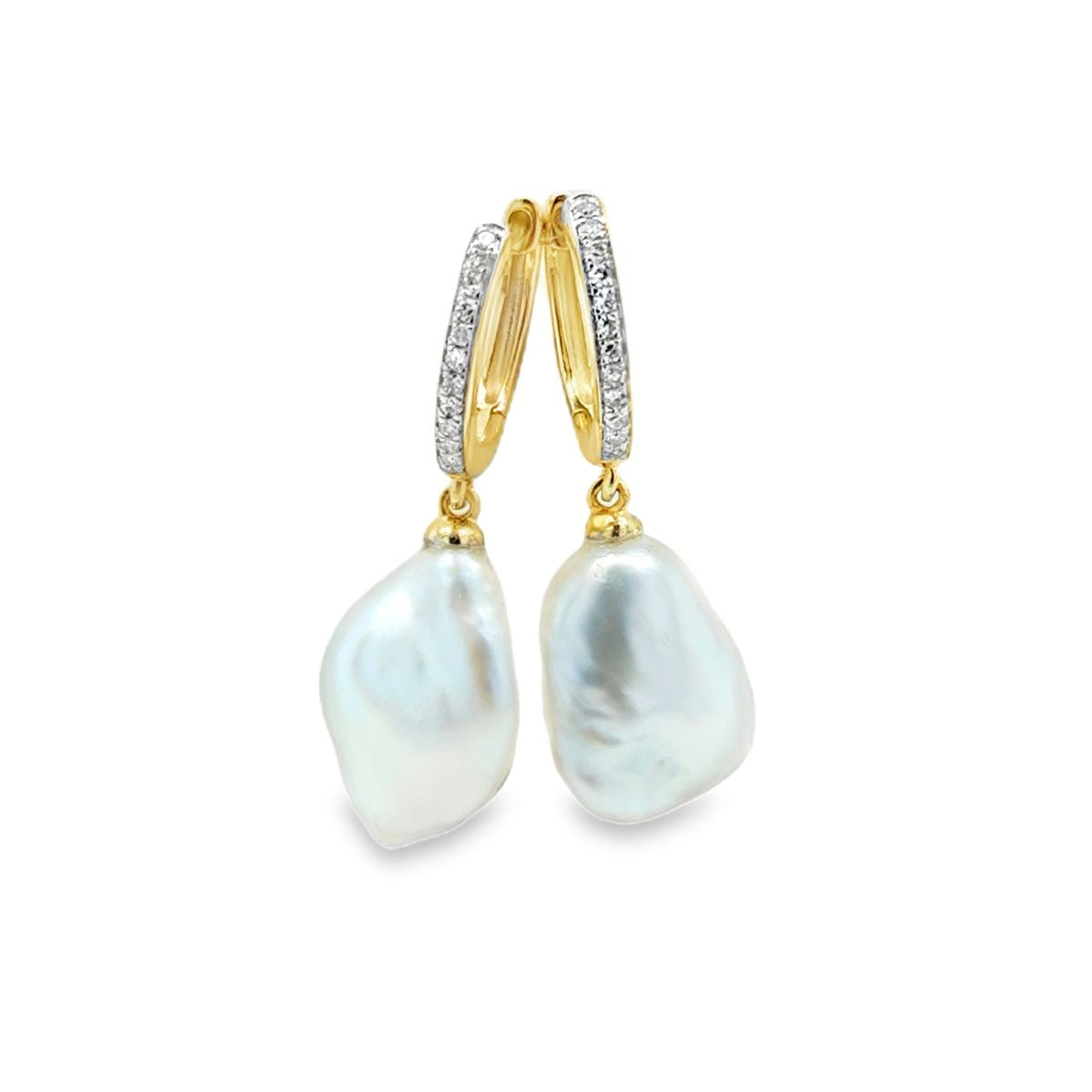 9ct Yellow Gold 10mm Keshi South Sea Pearl Diamond Hoops