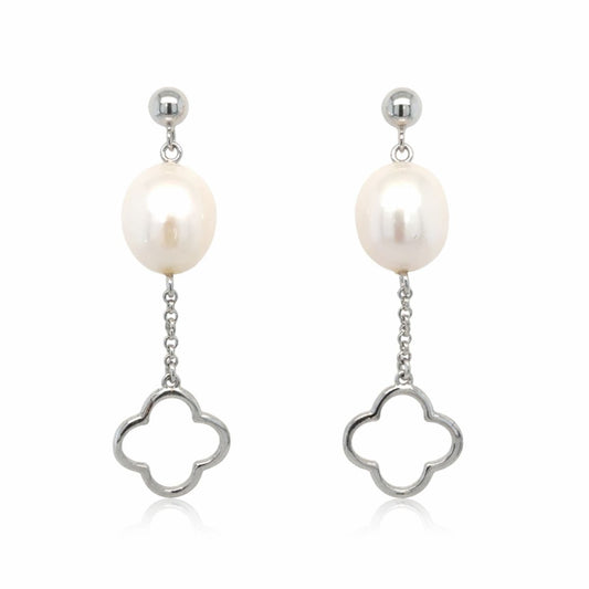 Sterling Silver 10mm Freshwater Pearl Clover Drop Studs