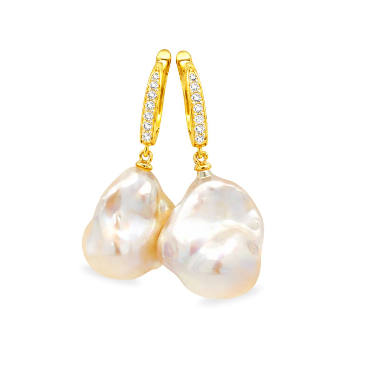 Gold Tone Sterling Silver Baroque Freshwater Pearl & CZ Drop Hoops