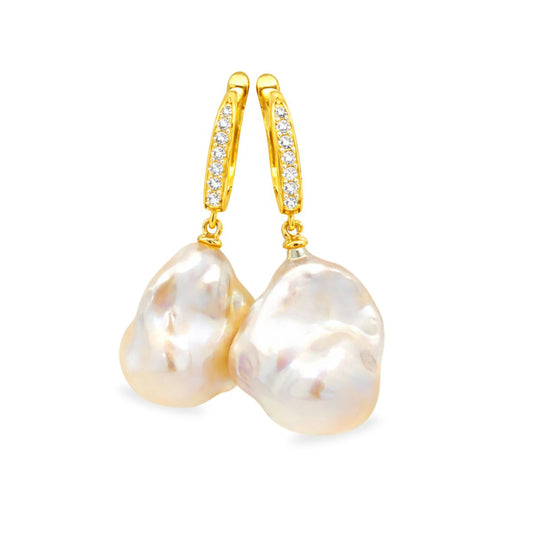 Gold Tone Sterling Silver Baroque Freshwater Pearl & CZ Drop Hoops