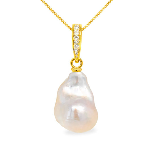 Gold Tone Sterling Silver Barqoue Freshwater Pearl and CZ Pendant