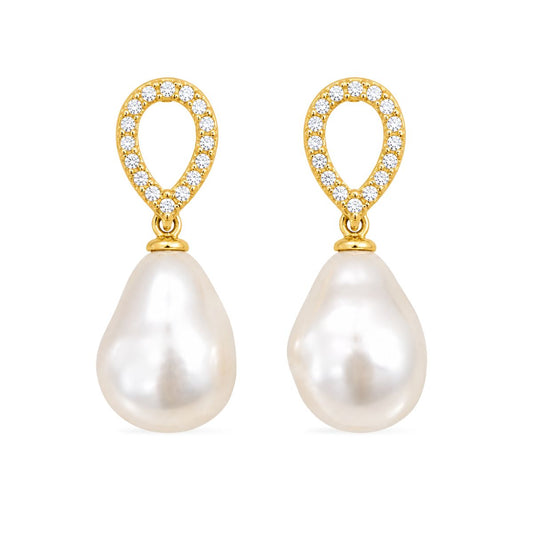 Gold Tone Sterling Silver Barqoue Freshwater Pearl & Crystal Studs