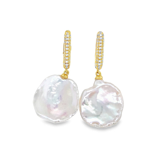 Gold Tone Sterling Silver Baroque Freshwater Pearl & Crystal Hoops