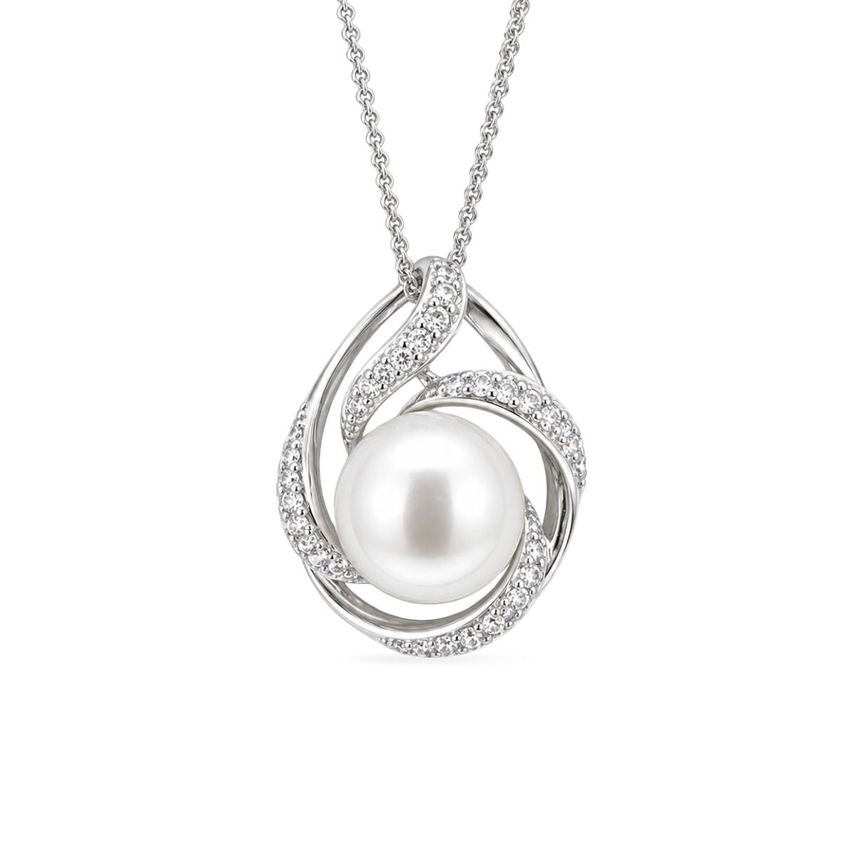 Sterling Silver Freshwater Pearl & Cubic Zirconia Swirl Pendant