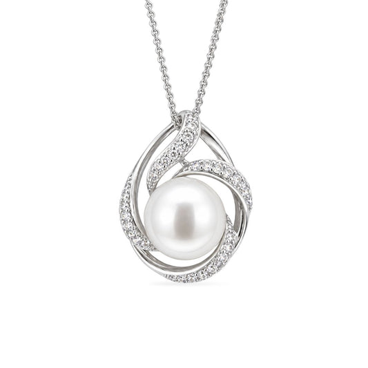 Sterling Silver Freshwater Pearl & Cubic Zirconia Swirl Pendant