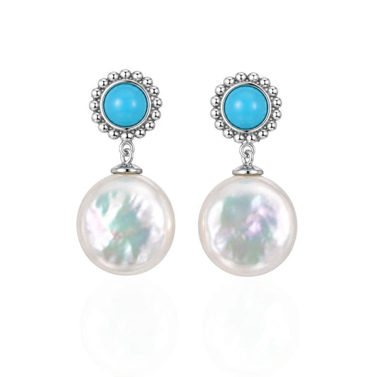 Sterling Silver Freshwater Pearl & Created Turquoise Stud Earrings