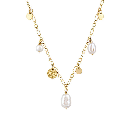 Gold Tone Sterling Silver 45cm Freshwater Pearl & Disc Necklace