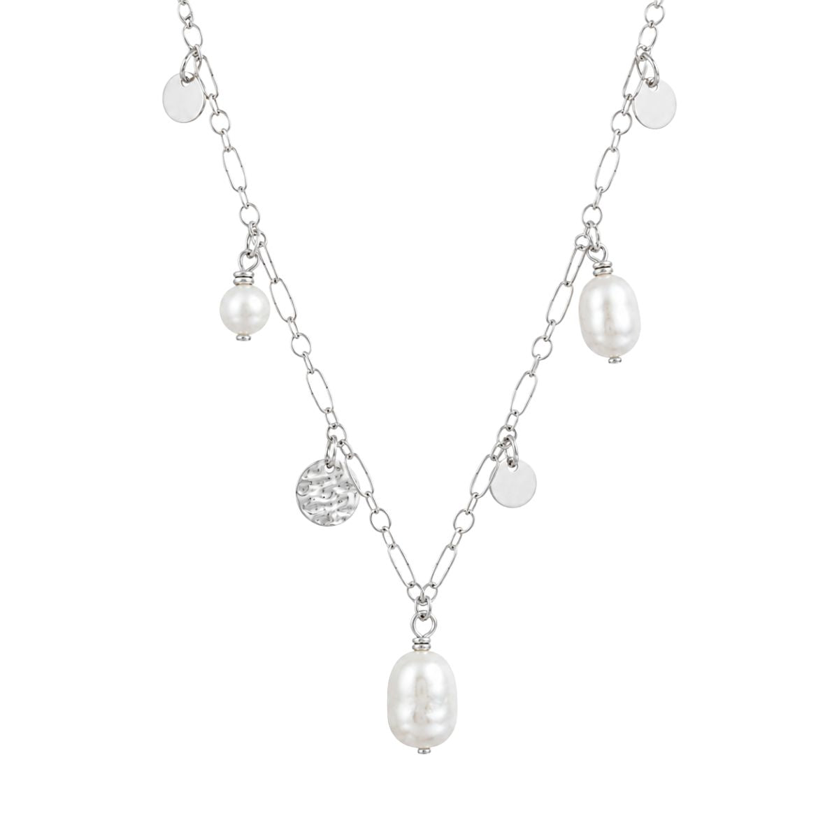 Sterling Silver 45cm Freshwater Pearl & Disc Necklace