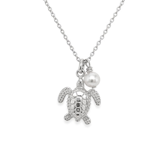 Sterling Silver 45cm Turtle & Freshwater Pearl Necklace