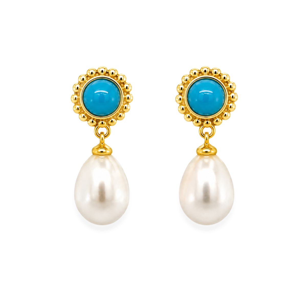 Gold Tone Sterling Silver Freshwater Pearl & Created Turquoise Studs
