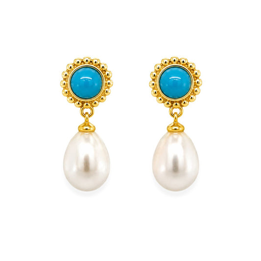 Gold Tone Sterling Silver Freshwater Pearl & Created Turquoise Studs