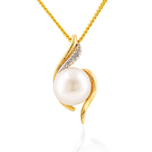 9ct Yellow Gold South Sea Pearl & Diamond Swirl Pendant