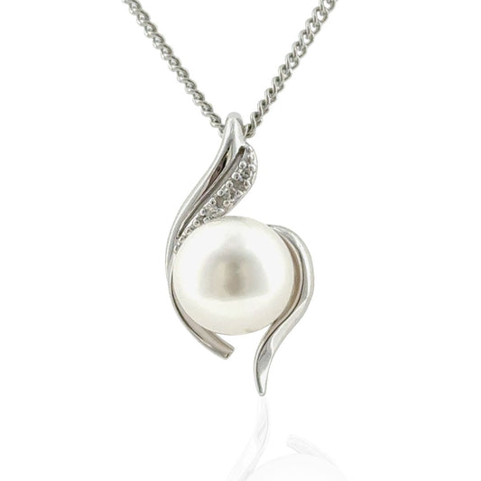 9ct White Gold South Sea Pearl & Diamond Swirl Pendant