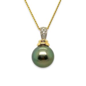 9ct Yellow Gold 11mm Tahitian Pearl & Diamond Pendant