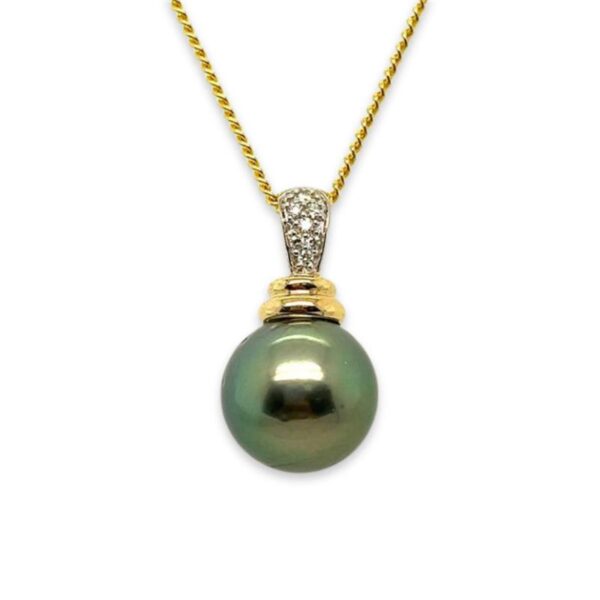 9ct Yellow Gold 11mm Tahitian Pearl & Diamond Pendant