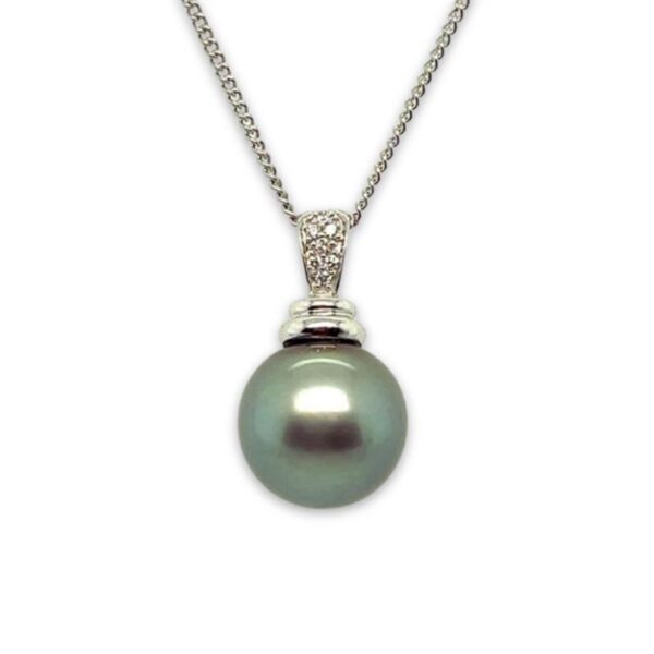 9ct White Gold 12mm Tahitian Pearl & Diamond Pendant
