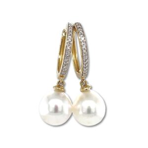 9ct Gold 10.5mm South Sea Pearl & Diamond Huggie Hoops