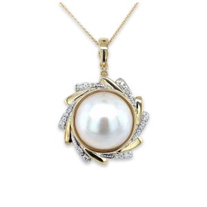 9ct Yellow Gold 15mm Mabe Pearl & Diamond 'Sun Ray' Pendant