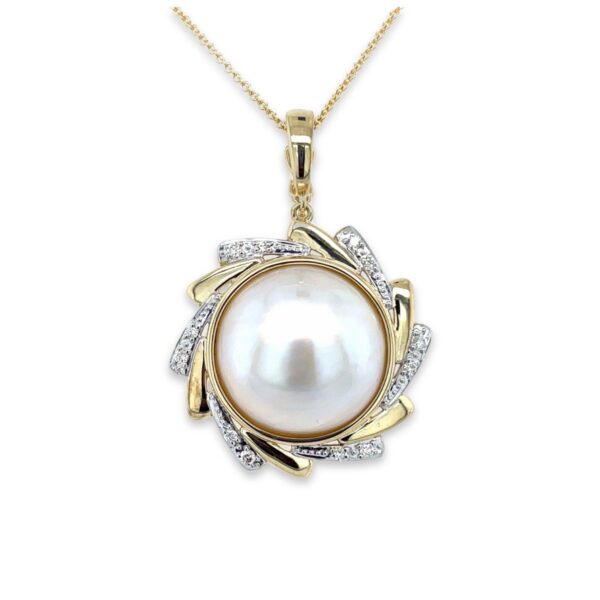 9ct Yellow Gold 15mm Mabe Pearl & Diamond 'Sun Ray' Pendant